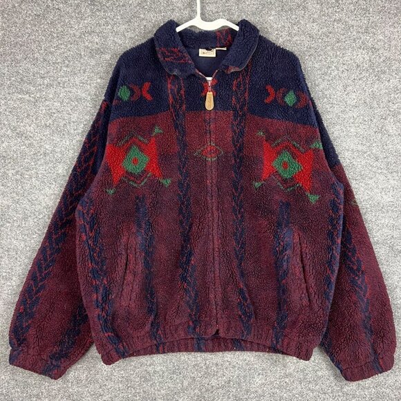 Vintage Woolrich Fuzzy Sherpa Zip Up Jacket Aztec Geometric Sz L USA MADE